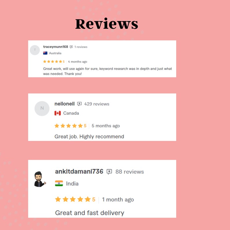 May include: Image showing customer reviews against a pink backdrop. The word "Reviews" is at the top. Three reviews are displayed, each with a five-star rating. The reviews include text and the reviewer's country.