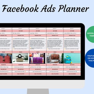 May include: A computer screen displaying a Google Sheet template for planning Facebook ads. The template includes sections for ad set name, primary text, headline, description, call to action, and image. The screen also includes a YouTube video link for instructions on how to use the planner.