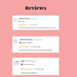 May include: A pink background with the word "Reviews" in a black font. Three customer reviews are displayed, each with a name, country flag, star rating, and a short comment. The reviews are from Ireland, the United Kingdom, and the United States.