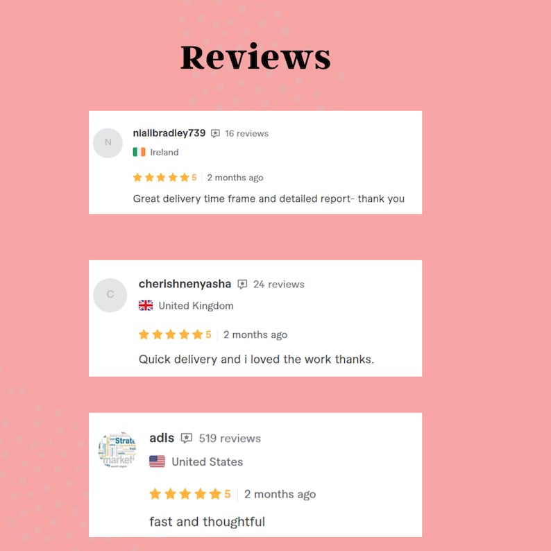 May include: A pink background with the word "Reviews" in a black font. Three customer reviews are displayed, each with a name, country flag, star rating, and a short comment. The reviews are from Ireland, the United Kingdom, and the United States.