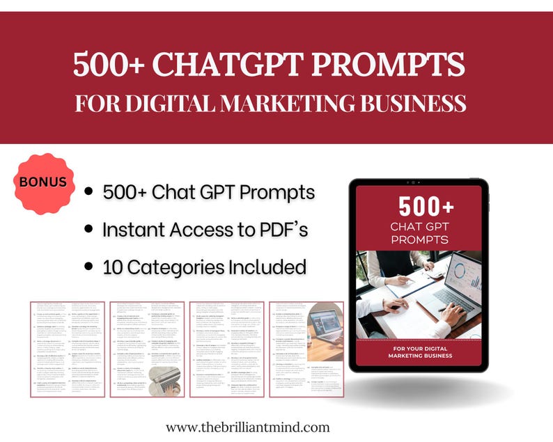 May include: A digital marketing business resource with 500+ ChatGPT prompts for digital marketing. The image shows a laptop with a screen displaying the text "500+ Chat GPT Prompts" and the words "For Your Digital Marketing Business".