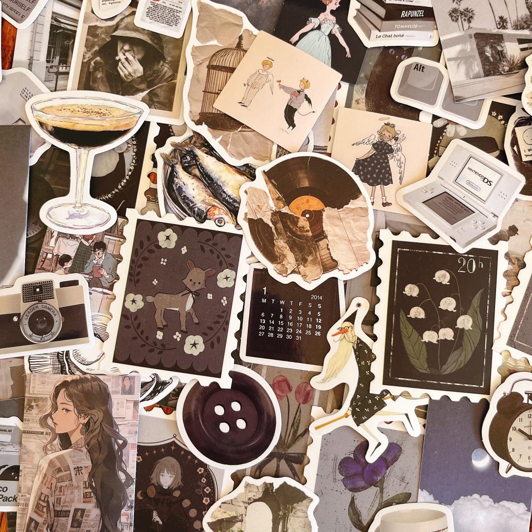 50pcs Monochrome Sticker Pack: Black & White Vintage Scrapbook Stickers ...