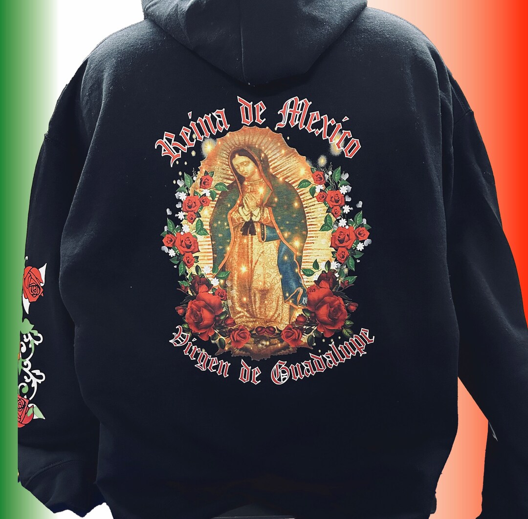Virgen De Guadalupe Hoodie Front Back and Sleeves Printed, Virgencita