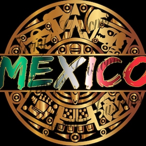 May include: A gold-colored, circular design with intricate patterns and the word "MEXICO" in a gradient of colors. The word is set against a black background, with the letters transitioning from green to red.