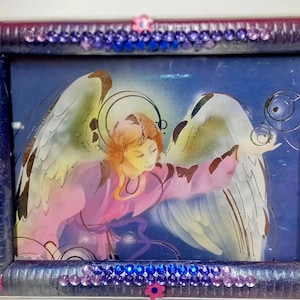 Picture Frame Homemade Painted and Jeweled  With Baby Blue Pearls  Calming  Enchanting Angel Granting Love