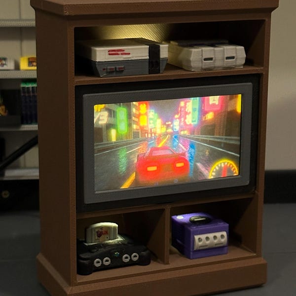 Minimueble multimedia con televisor HD iluminado y consolas de videojuegos retro: ¡4 imágenes de TV personalizadas! Precio especial por tiempo limitado.