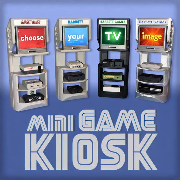 Quiosco de juegos en miniatura: ¡Incluye mini televisor CRT, sistema de estanterías y 3 mini consolas de juegos!