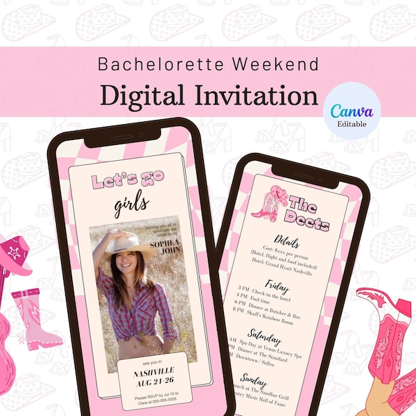 Nashville Bachelorette Party Digital Itinerary Template, Western Retro Bachelorette Weekend, Hen Do Pink Cowgirl Party Invite