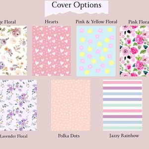Może przedstawiać: Obraz przedstawiający r&oacute;żne opcje okładek z wzorami kwiatowymi, sercami, w kropki i w paski. Tekst "Cover Options" znajduje się na g&oacute;rze. Wzory obejmują beżowe, r&oacute;żowe, lawendowe i tęczowe wzory, oferując r&oacute;żnorodne style.
