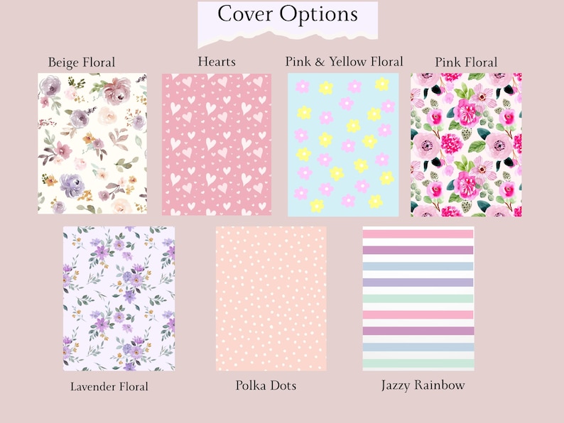 Może przedstawiać: Obraz przedstawiający r&oacute;żne opcje okładek z wzorami kwiatowymi, sercami, w kropki i w paski. Tekst "Cover Options" znajduje się na g&oacute;rze. Wzory obejmują beżowe, r&oacute;żowe, lawendowe i tęczowe wzory, oferując r&oacute;żnorodne style.