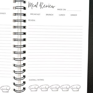 May include: A spiral-bound notebook page titled Meal Review with fields for date, meal type selection including breakfast, brunch, lunch, and dinner, a lined section for written notes, and an overall rating area featuring five chef hat icons.