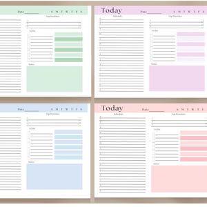 May include: Four daily planner sheets in pastel colors: green, pink, blue, and peach. Each sheet has a schedule, to-do list, and notes section. The word "Today" is at the top, with space for the date and a day-of-the-week checklist.