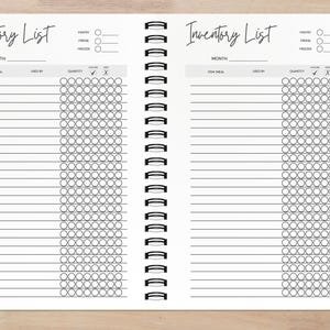 This Inventory List Page helps you keep track of everything in your pantry, fridge, and freezer, so you always know what you have on hand. With dedicated sections for each category, you can easily update items as you shop, cook, or run low on essentials. This feature makes meal planning more efficient, reduces food waste, and prevents overbuying. Stay organized and save time by quickly referencing your stocked ingredients while planning meals for the week.