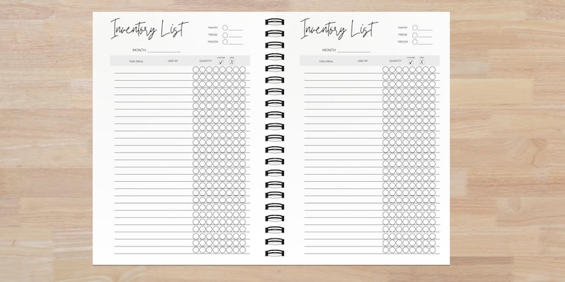 This Inventory List Page helps you keep track of everything in your pantry, fridge, and freezer, so you always know what you have on hand. With dedicated sections for each category, you can easily update items as you shop, cook, or run low on essentials. This feature makes meal planning more efficient, reduces food waste, and prevents overbuying. Stay organized and save time by quickly referencing your stocked ingredients while planning meals for the week.