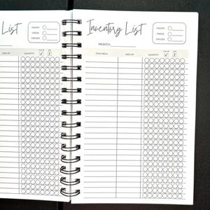 May include: A spiral-bound inventory list planner with white pages and black ink. The layout features a header labeled Inventory List, a month field, and sections for pantry, fridge, and freezer. Columns include item/meal, used by, quantity, and check boxes.