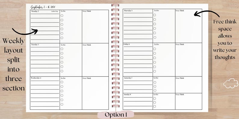 Digital image of a vertically laid-out planner page. The design features a lined section for structured notes or scheduling, a dedicated 'To-Do' section for task management, and an open 'Free Thought' space for brainstorming, doodles, or extra notes. Clean and minimal layout for easy organization.
