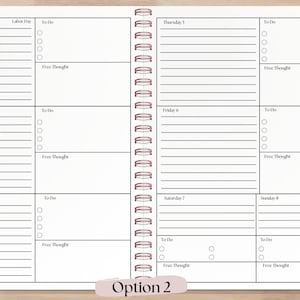 Horizontal planner page layout with a clean and minimal design. Features include a lined section for structured notes or scheduling, a dedicated 'To-Do' list for task management, and a spacious 'Free Thought' area for brainstorming, journaling, or creative ideas. Perfect for productivity, organization, and planning.