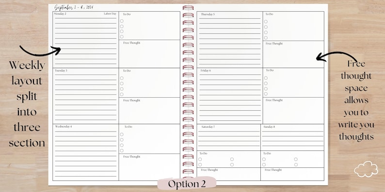 Horizontal planner page layout with a clean and minimal design. Features include a lined section for structured notes or scheduling, a dedicated 'To-Do' list for task management, and a spacious 'Free Thought' area for brainstorming, journaling, or creative ideas. Perfect for productivity, organization, and planning.