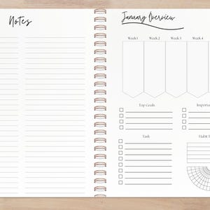 This image showcases a notes page and a monthly overview layout, designed to help you stay organized and focused for the month ahead. The monthly overview section allows you to track tasks, habits, and important reminders, while the lined notes page provides space for additional planning, reflections, or brainstorming. With a clean and structured design, this layout is perfect for setting goals, tracking progress, and staying on top of monthly priorities.