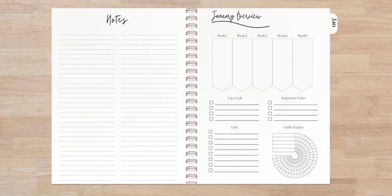 This image showcases a notes page and a monthly overview layout, designed to help you stay organized and focused for the month ahead. The monthly overview section allows you to track tasks, habits, and important reminders, while the lined notes page provides space for additional planning, reflections, or brainstorming. With a clean and structured design, this layout is perfect for setting goals, tracking progress, and staying on top of monthly priorities.