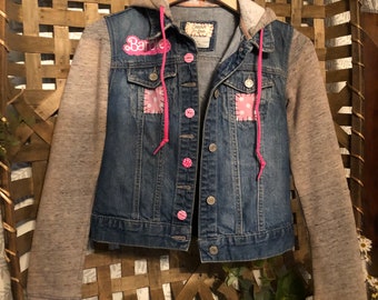 Juniors  Up-cycled Distressed Blue Jean Jacket with Hood! ! One Of A Kind! Comes with a Free Plunder Bracelet!