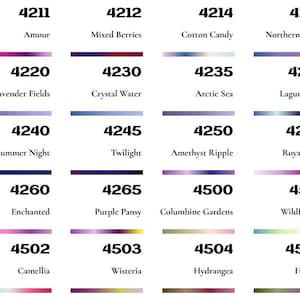 May include: A chart of color gradients with corresponding numbers and names. The colors range from deep purple to light blue, pink, and green. The names include Amour, Mixed Berries, Cotton Candy, Northern Lights, Lavender Fields, Crystal Water, Arctic Sea, Laguna Blue, Mid Summer Night, Twilight, Amethyst Ripple, Royal Plum, Enchanted, Purple Pansy, Columbine Gardens, Wildflowers, Camellia, Wisteria, Hydrangea, and Heather.
