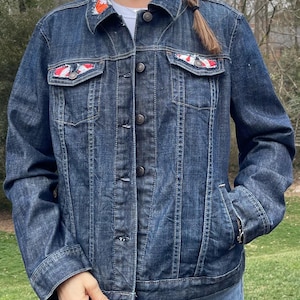 Upcycled Jean Jacket Mandala Quilt Coat Blue Jean Spring Reworked Sustainable Slow Fashion Outerwear y2k gift teenage girl