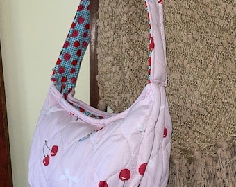 Cherries Purse Upcycled Quilted Bag Small Shoulder Bag Strawberry Zip Reworked Sustainable Shoulderbag y2k streetwear gift for teenage girl