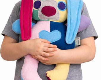 Upcycled Plushie Bunny Pillow Toy OOAK Rabbit Stuffed animal Lovie Homesick Gift for Kid Travel Pillow for Boy Birthday gift Easter Gift