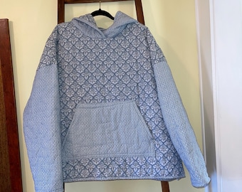 Upcycled Blanket Hoodie Handmade Oversized Hooded Jacket One of a Kind Thrifted Blanket Pullover Slow Fashion Cozy Blue Hoodie