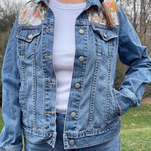 Upcycled Jean Jacket floral fabric Coat Blue Jean Spring Reworked Sustainable Slow Fashion Outerwear y2k gift teenage girl