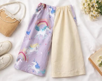 Pantaloni larghi oversize fatti a mano, pantaloni ricavati da lenzuola riciclate, pantaloni unicorno, abbigliamento stravagante, pantaloni con elastico in vita, pantaloni stile cottagecore