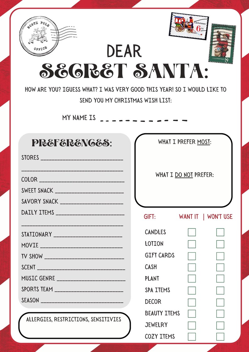 Printable Secret Santa Gift Exchange Questionnaire for Christmas and