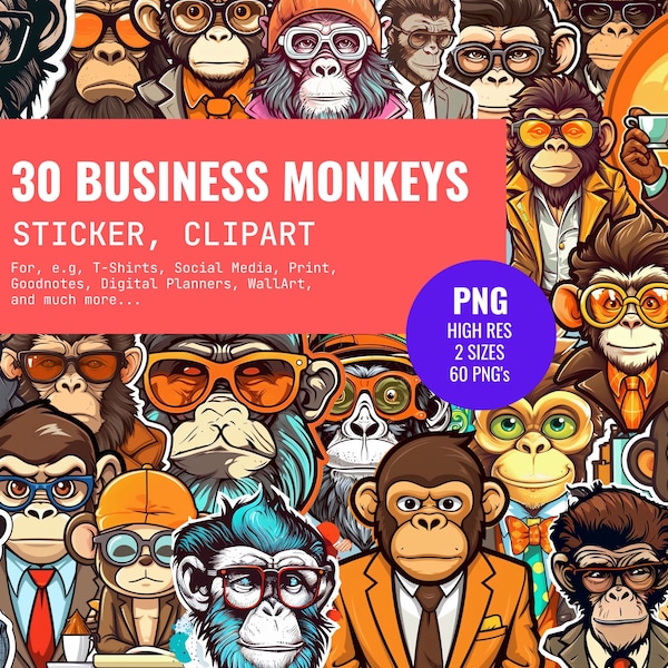 Freche Business-Affe Aufkleber, freigestellt, Digital Planner Sticker, GoodNotes, Aufkleber, Drucker Clipart