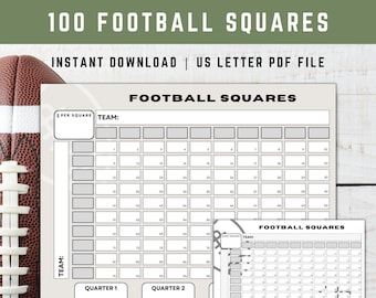 Printable Football Squares 100, Numbered Football Squares Pool, Football Fundraiser, Superbowl Betting Game, Downloadable Football Grid, PDF