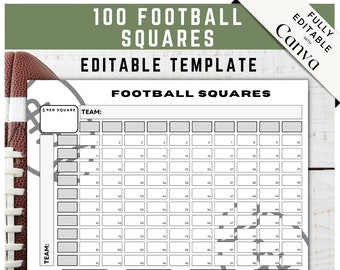 100 Square Football Pool Template, Numbered Football Squares Pool, Football Fundraiser, Superbowl Betting Game, Editable Canva Football Grid