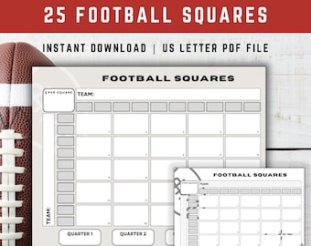 Printable Numbered Football Squares, Football Fundraiser, Superbowl Betting Game, 25 Downloadable Football Grid, Football Pool Squares
