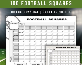 Football Pool Sheets 100 Squares, Numbered Football Squares, Football Fundraiser, Superbowl Betting Game, Printable Football Grid, PDF