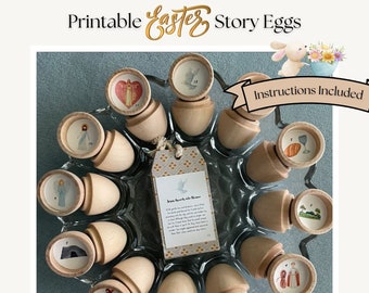 May include: A set of 12 wooden Easter story eggs with illustrations of the Easter story inside. The eggs are arranged in a circle on a glass plate. The text "Instructions Included" is visible in the upper right corner of the image.