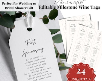 Marriage Milestone Wine Tags, Year Of First Canva Template, Bridal Shower Wedding Gift, Fully Editable, Instant Download, DIY Template-T001