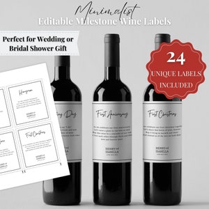 Marriage Milestone Wine Labels For Print, Editable Milestones, Tags For Bridal Shower, Wedding Gift, Bridal Shower Gift, Canva Template-L001