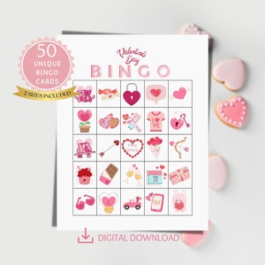 Valentines Bingo Cards For Kids, 50 Unique Printable Bingo Cards, Valentine&#39;s Day Bingo Game Activity With Pictures, PDF Instant Download