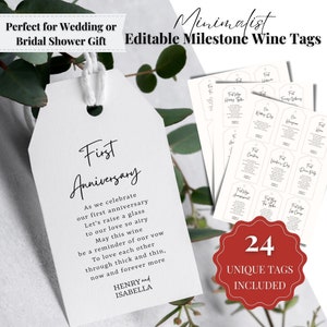 Marriage Milestone Wine Tags, Year Of First Canva Template, Bridal Shower Wedding Gift, Fully Editable, Instant Download, DIY Template-T001