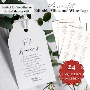 Marriage Milestone Wine Tags, Year Of First Canva Template, Bridal Shower Wedding Gift, Fully Editable, Instant Download, DIY Template-T001