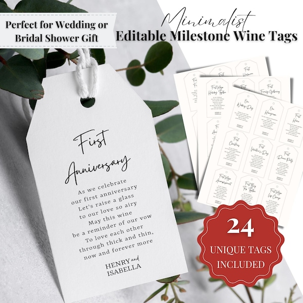 Marriage Milestone Wine Tags, Year Of First Canva Template, Bridal Shower Wedding Gift, Fully Editable, Instant Download, DIY Template-T001