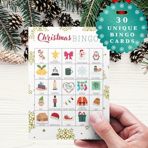 Kerstbingokaarten afdrukbaar, 30 unieke bingokaarten voor kinderen, familie en vrienden, Party Printables Games, Instant Download PDF-ER002
