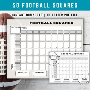 Downloadable Football Squares, 50 Numbered Squares Pool, Football Fundraiser, Superbowl Betting Game, Downloadable Football Grid, 8.5x11