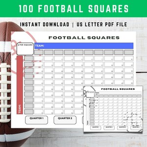 Printable Football Squares 100, Numbered Football Squares Pool, Football Fundraiser, Superbowl Betting Game, Downloadable Football Grid, PDF