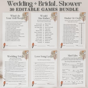 Boho Bridal Shower Games Bundle, Instant Download Wedding Games, Bachelorette Party, Canva Template, Editable Bridal Shower Activities-W002