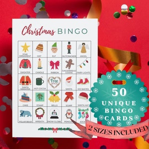 Gra w bingo do druku na Boże Narodzenie dla dzieci, rodziny i przyjaciół, 50 unikalnych kart bingo, aktywności do druku, gry towarzyskie, natychmiastowe pobieranie-ER001